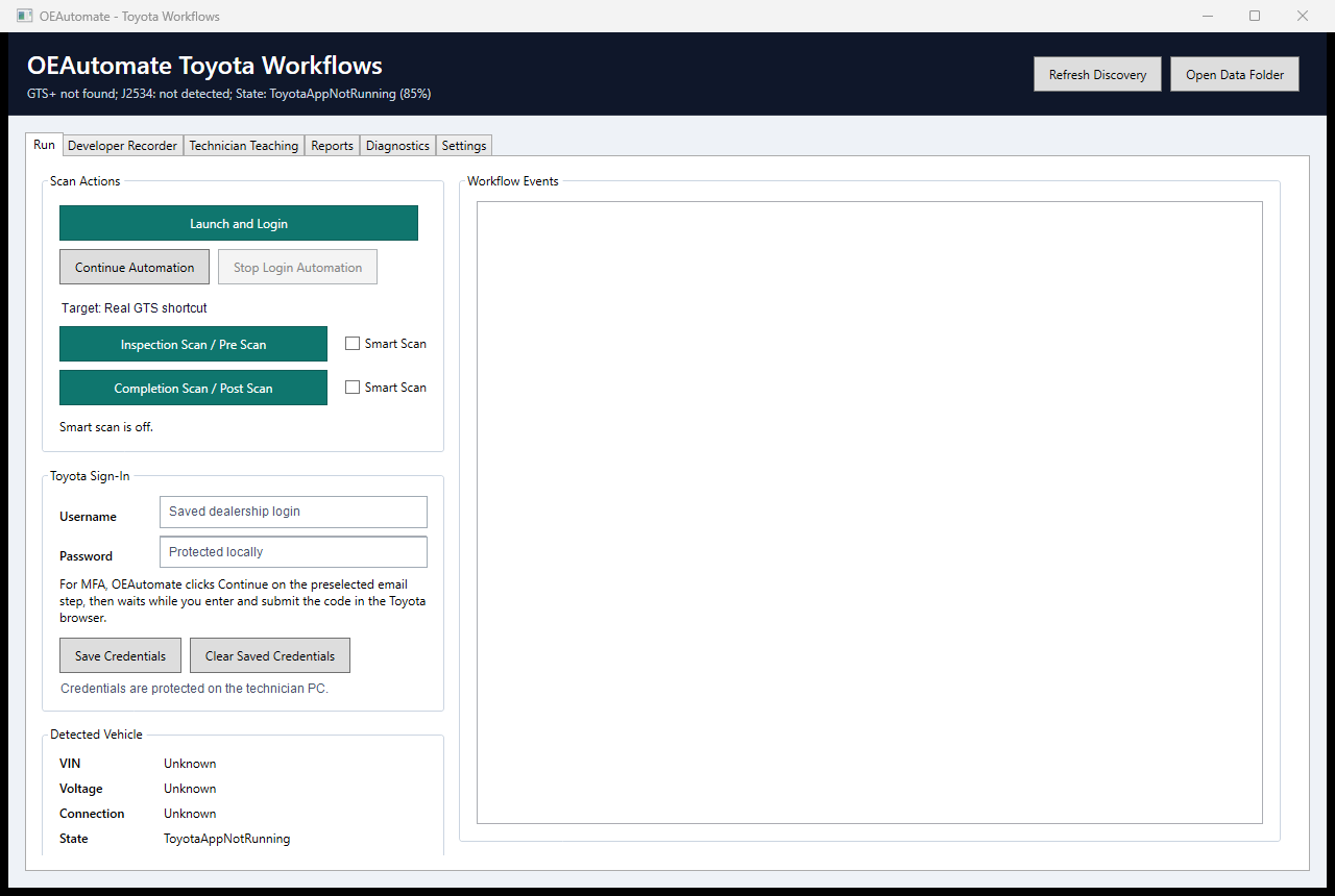 OEAutomate desktop Run tab showing scan actions, secure sign-in controls, detected vehicle status, and workflow events.